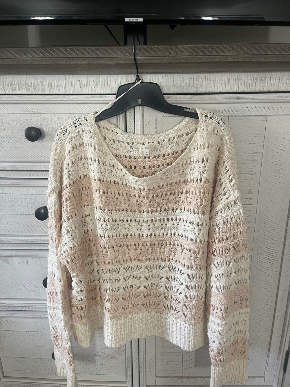 Anthropologie Cream and Blush Open-Knit Scoop Sweater